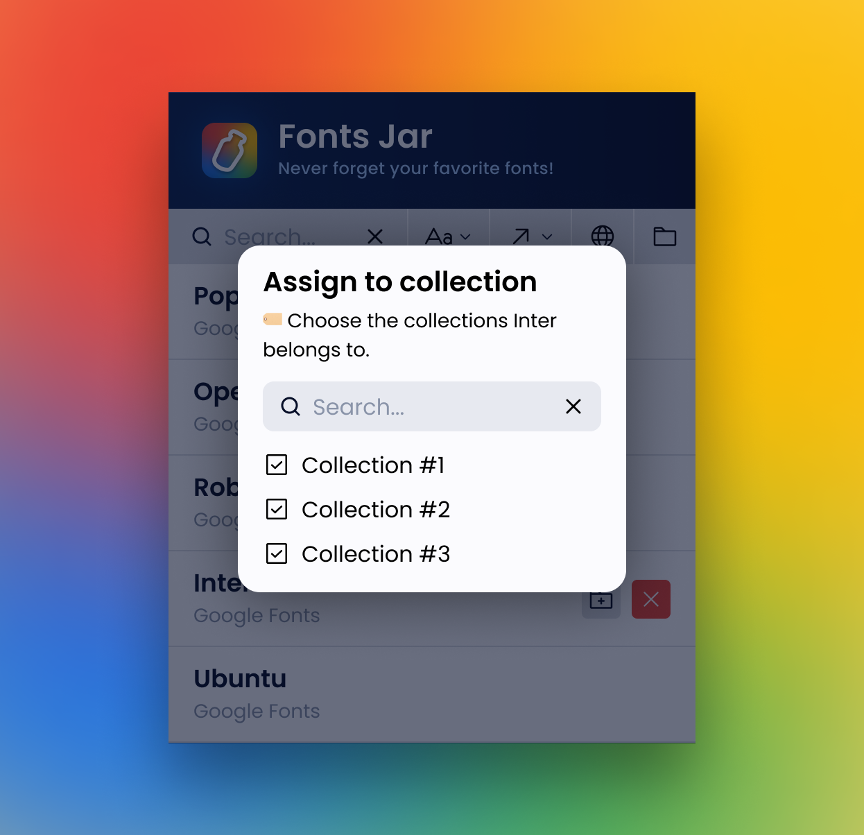 Fonts Jar's popup, with the assign to collection modal open
