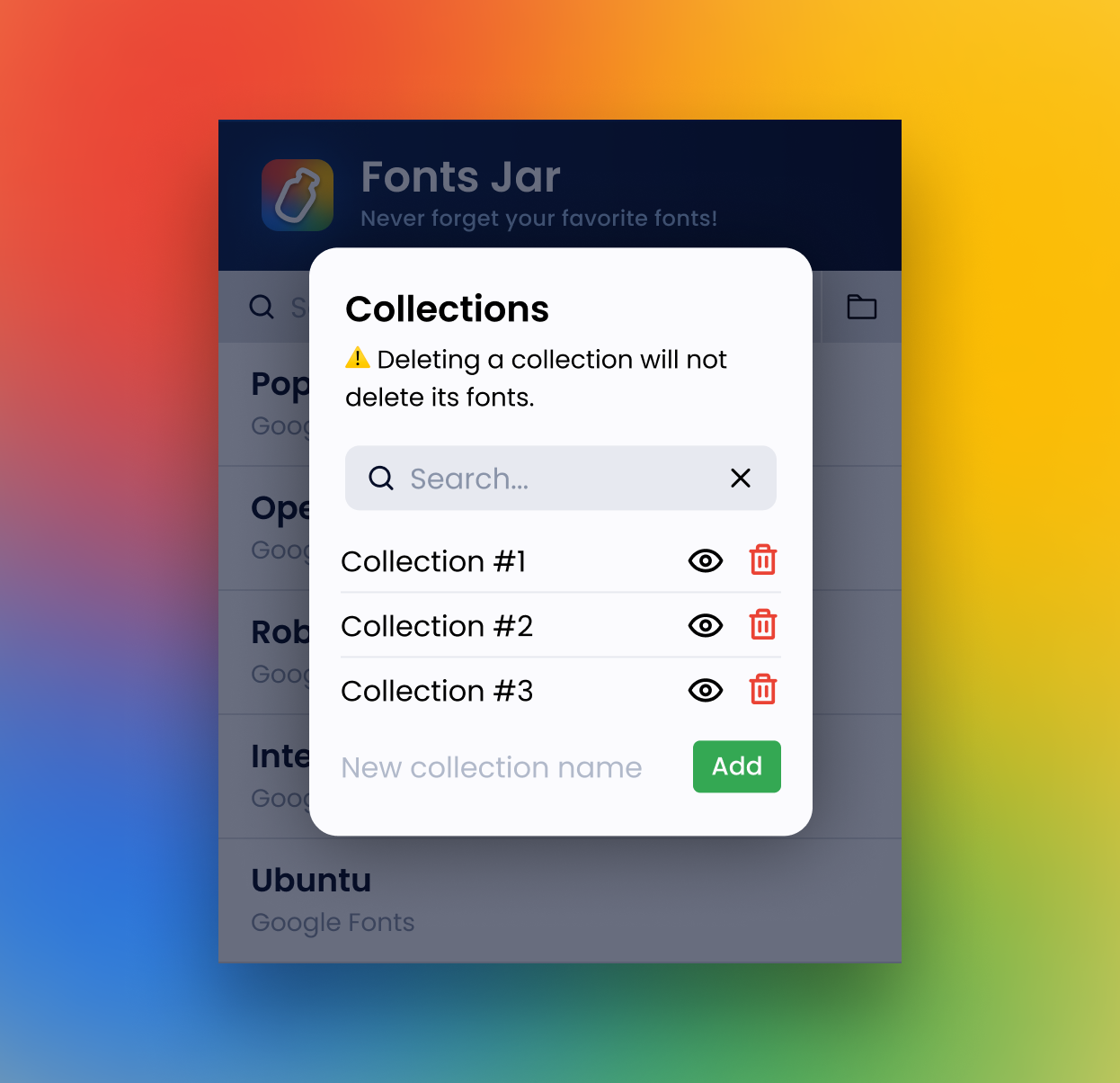 Fonts Jar's popup, with the collections modal open