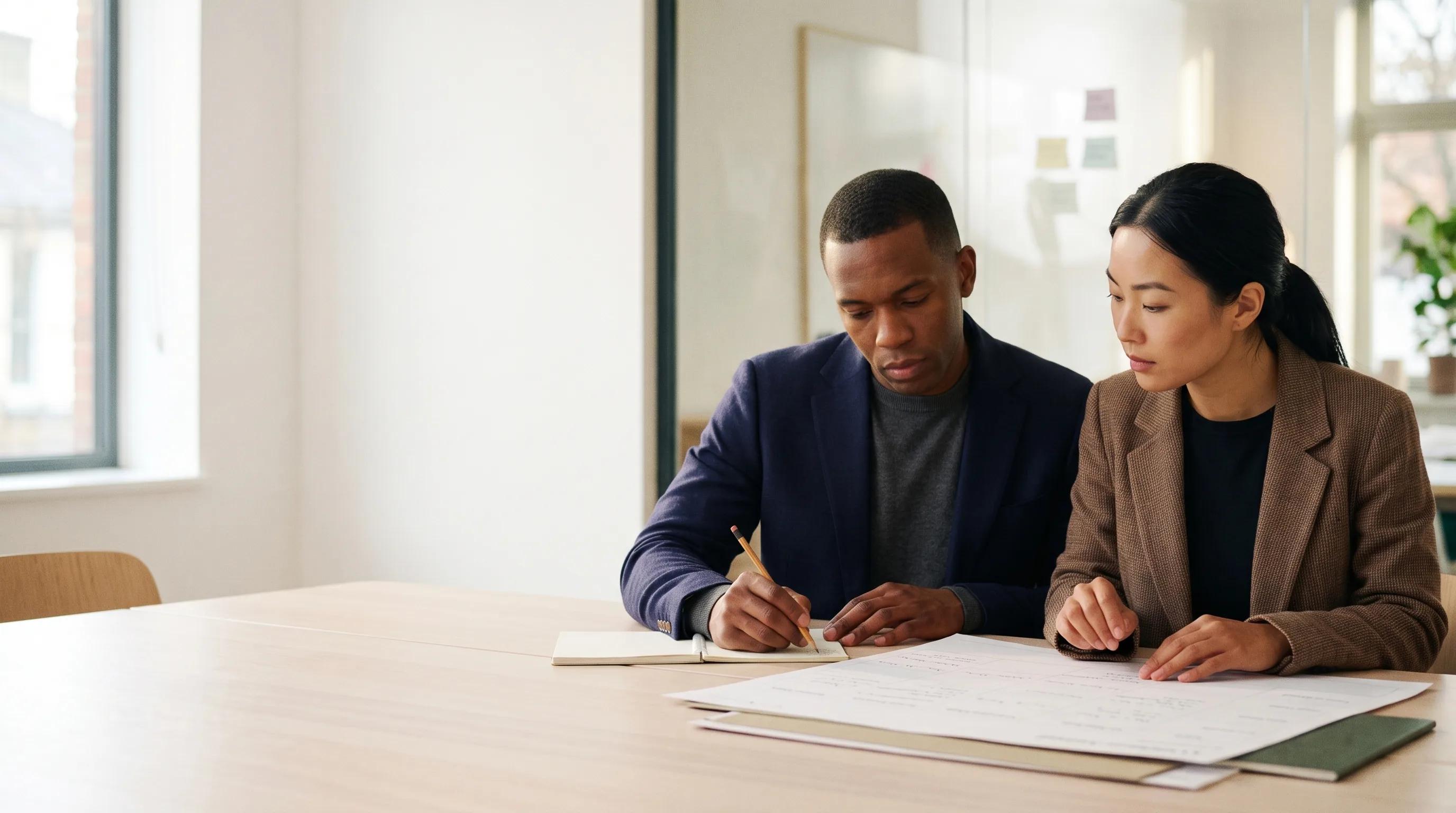 Two recruiting specialists working through a hiring plan together