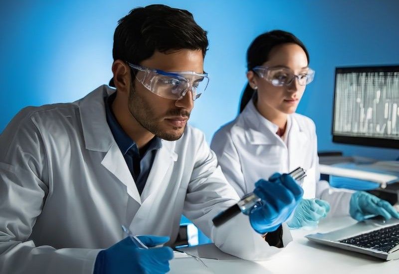 Two laboratory professionals reviewing work in a life sciences facility