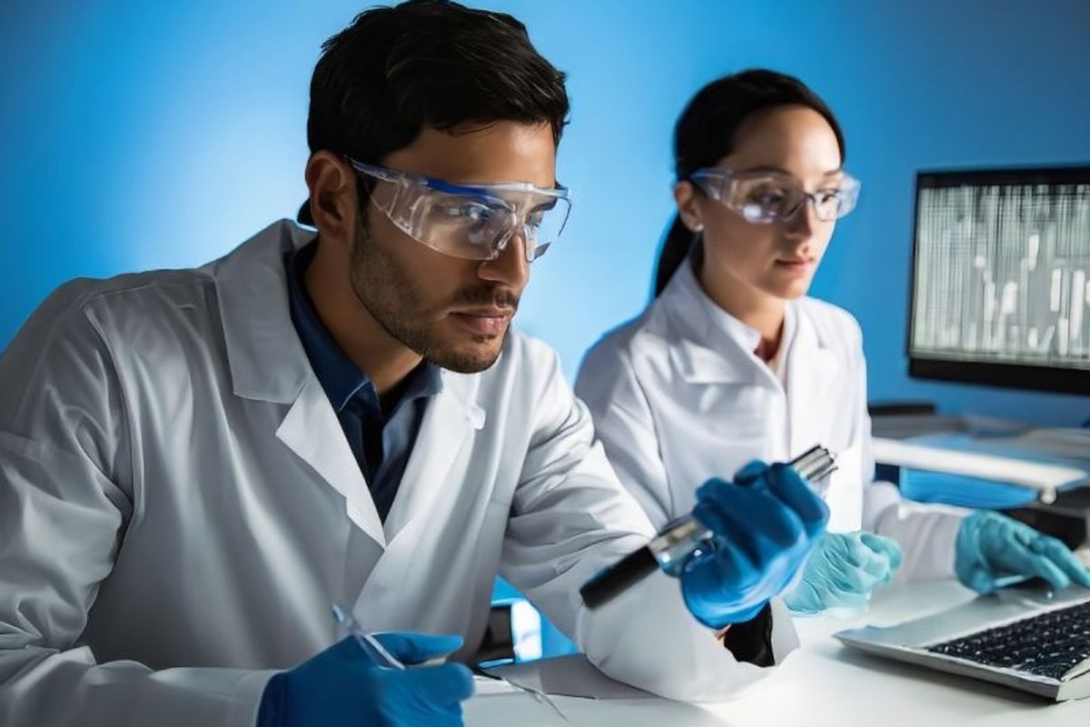 Two laboratory professionals reviewing work in a life sciences facility
