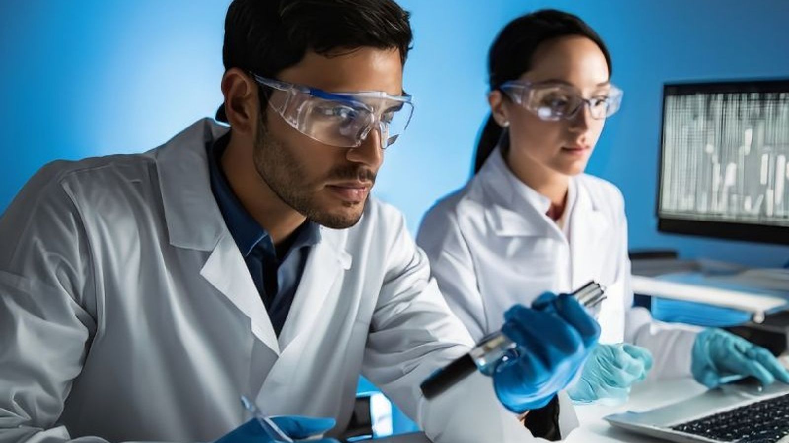 Two laboratory professionals reviewing work in a life sciences facility