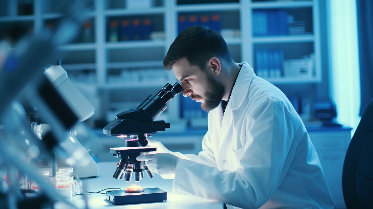 Laboratory scientist looking through a microscope