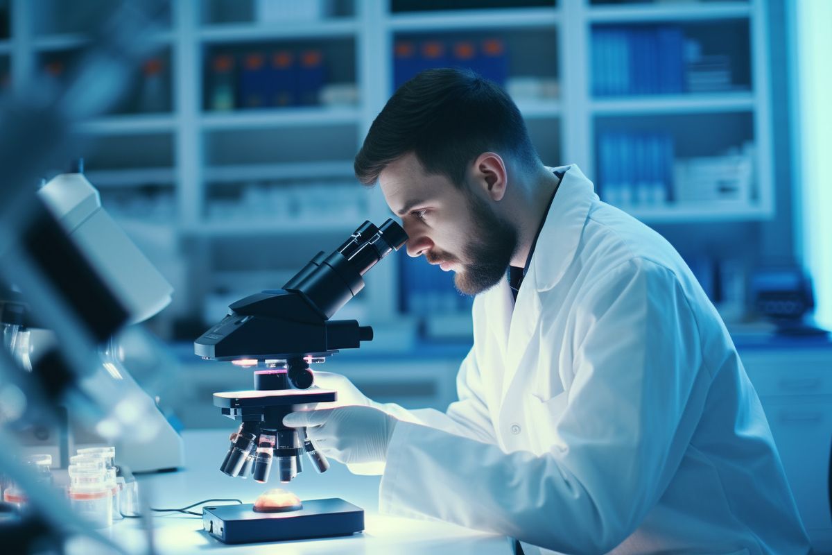 Laboratory scientist looking through a microscope