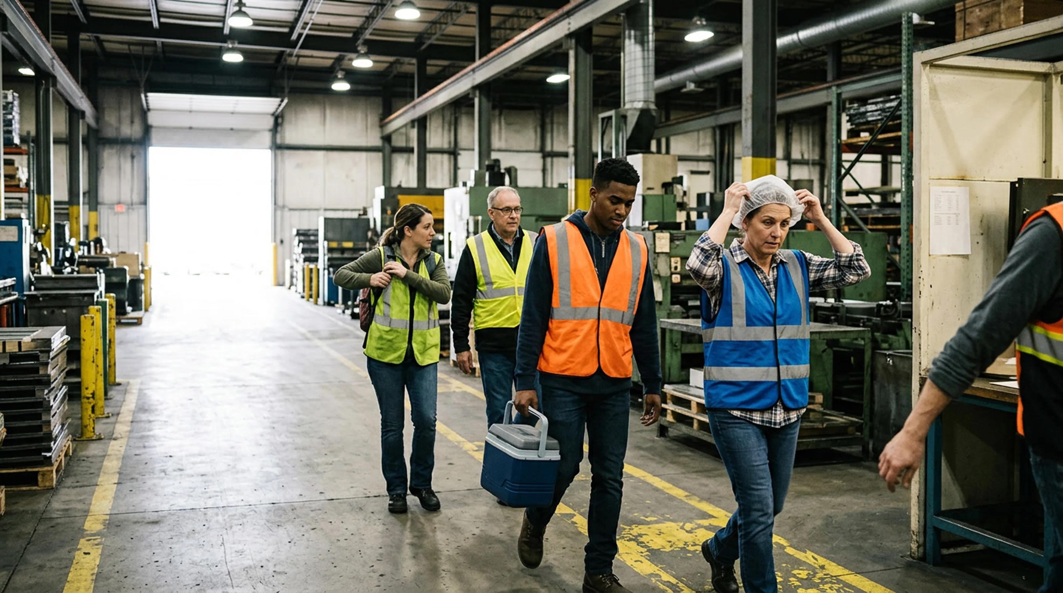 Manufacturing employees walking through a production facility