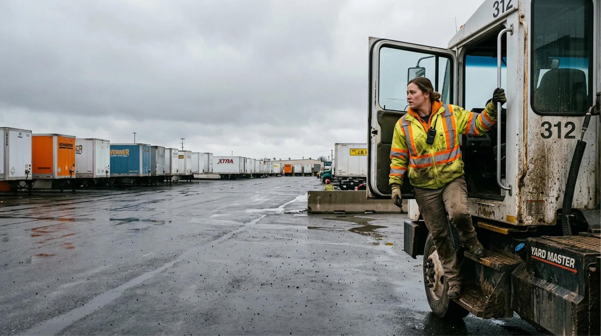 Yard worker stepping down from a terminal tractor in a freight yard