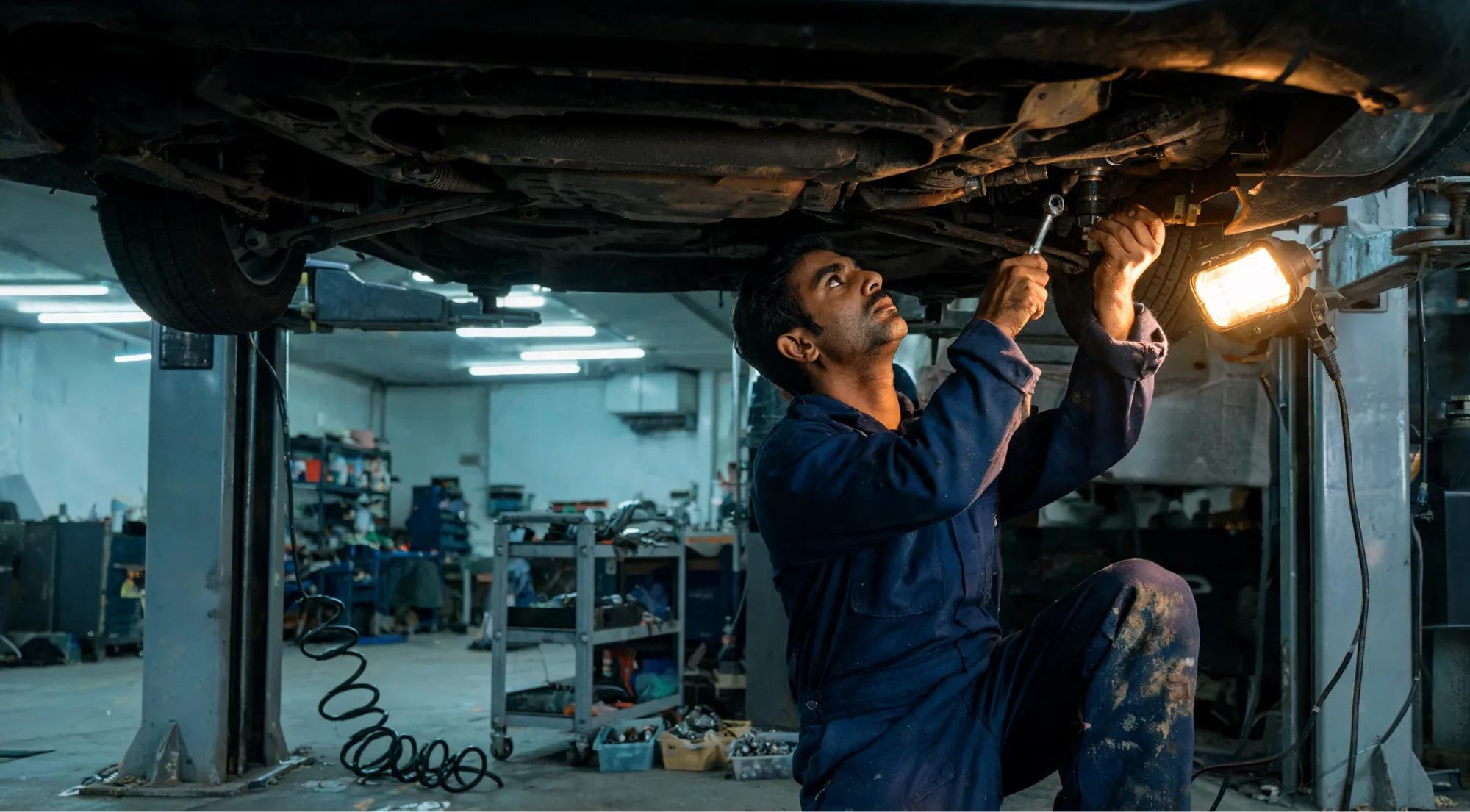 Automotive technician repairing the underside of a vehicle in a workshop