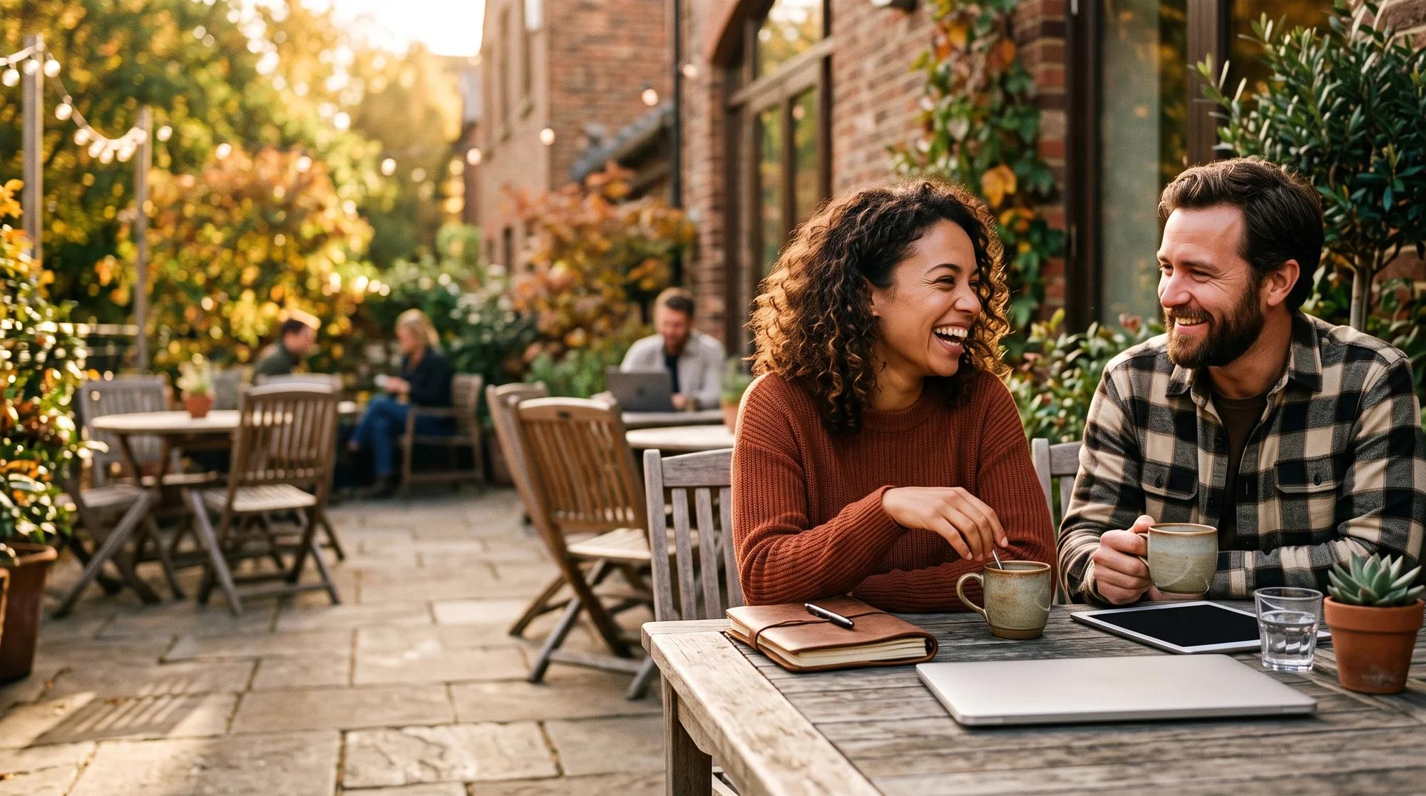 A recruiter and candidate talking at an outdoor table