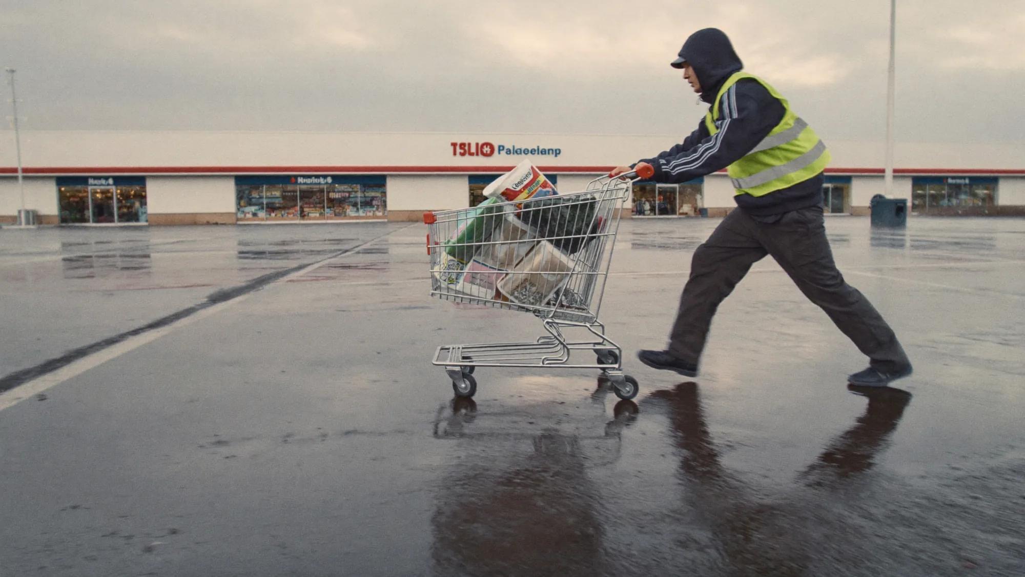 Retail worker pushing a loaded shopping cart across a wet parking lot