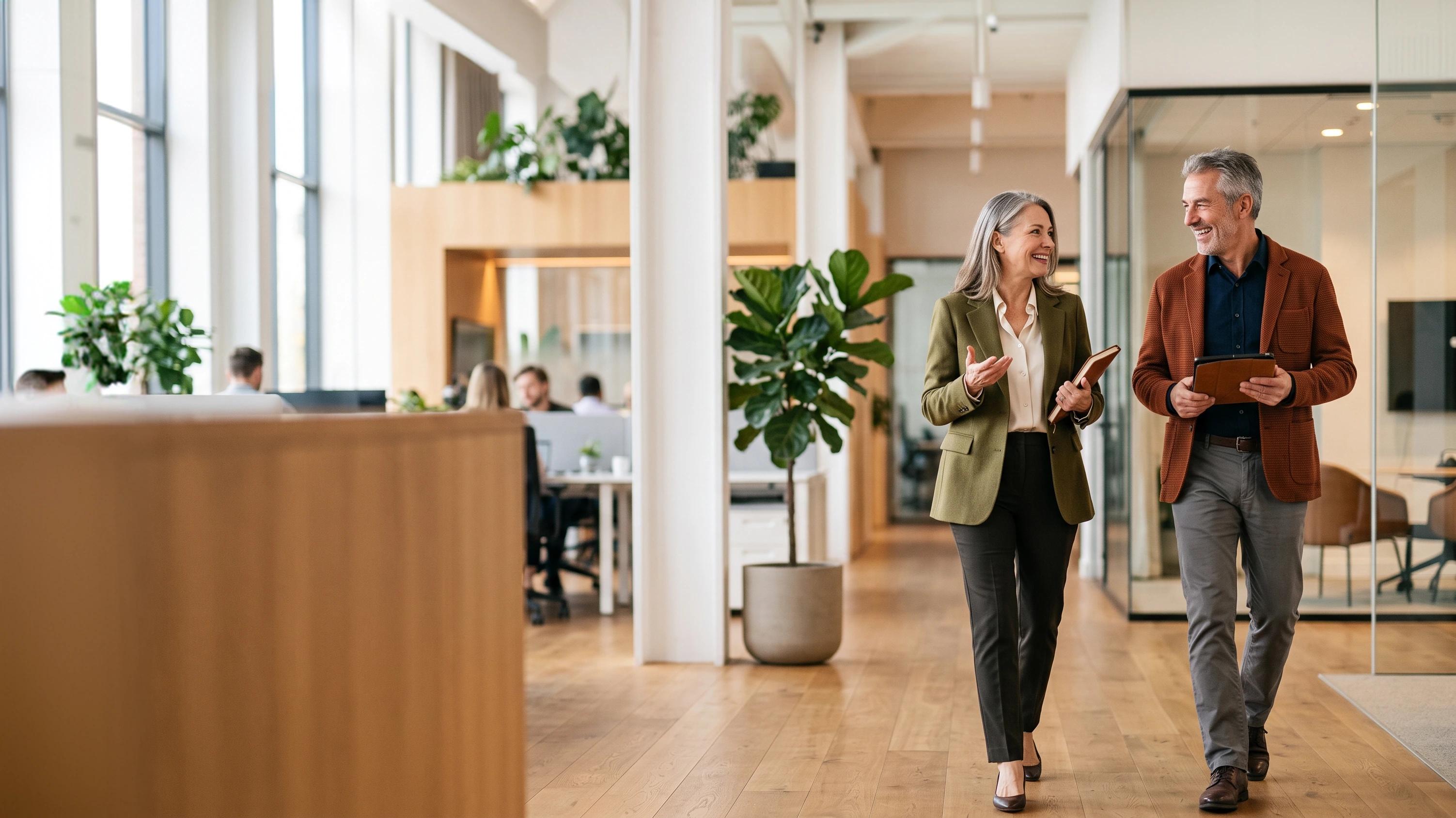 Two NXTThing leaders walking through a modern office