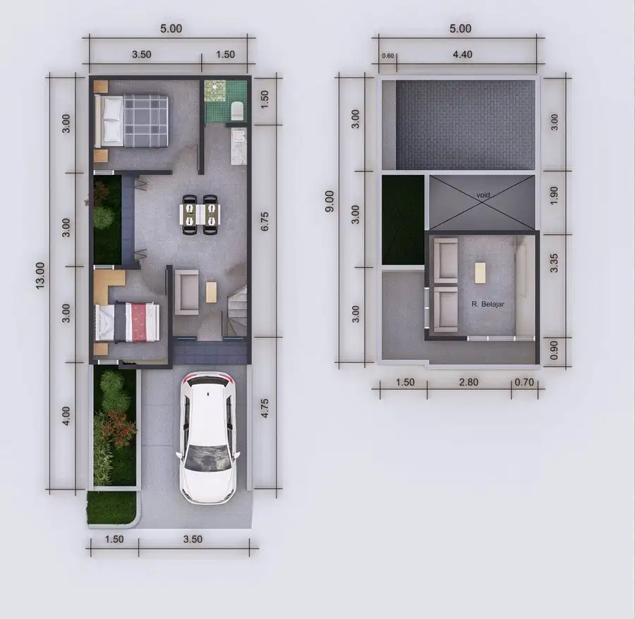 denah rumah tipe mezzanine 48/65 panorama sepatan 1
