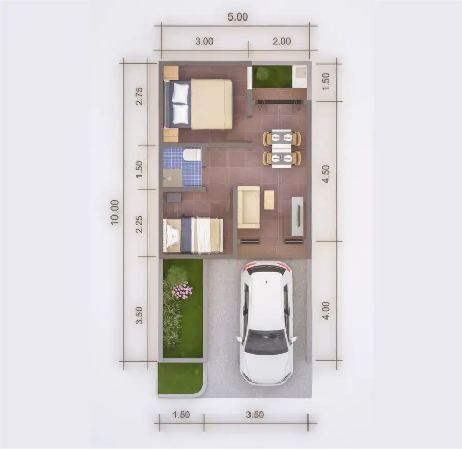 denah rumah tipe 1 lantai 30/50 panorama sepatan 1