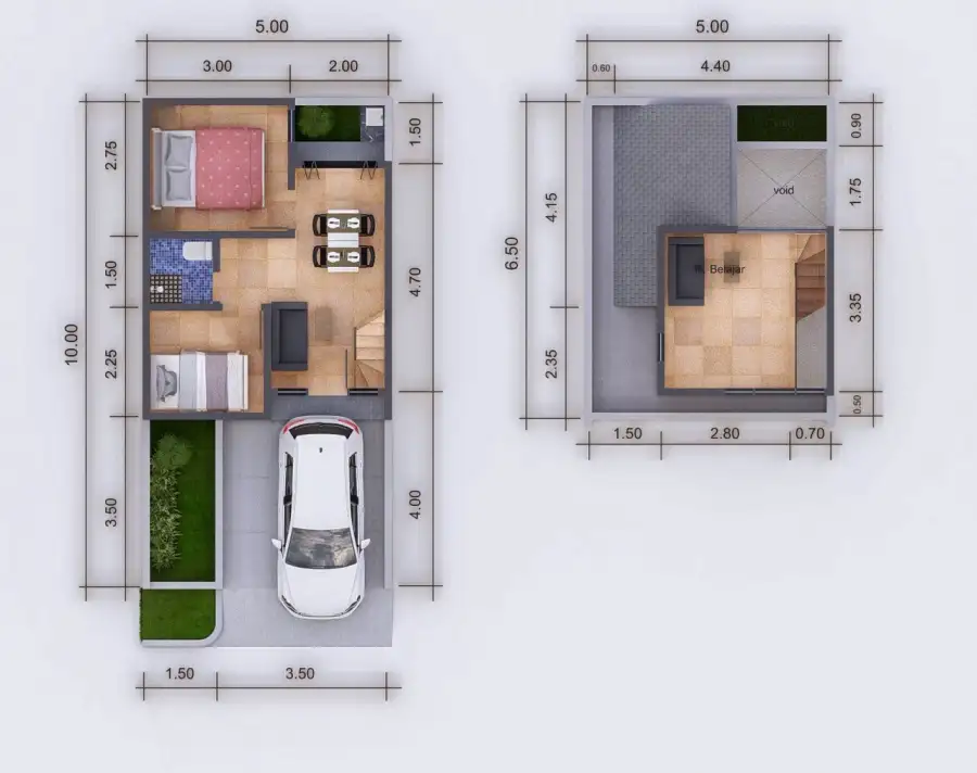 denah rumah tipe mezzanine 36/50 panorama sepatan 1