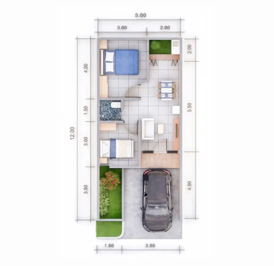 denah rumah tipe 1 lantai 36/60 panorama sepatan 1