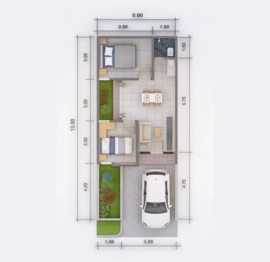 denah rumah tipe 1 lantai 40/65 panorama sepatan 1