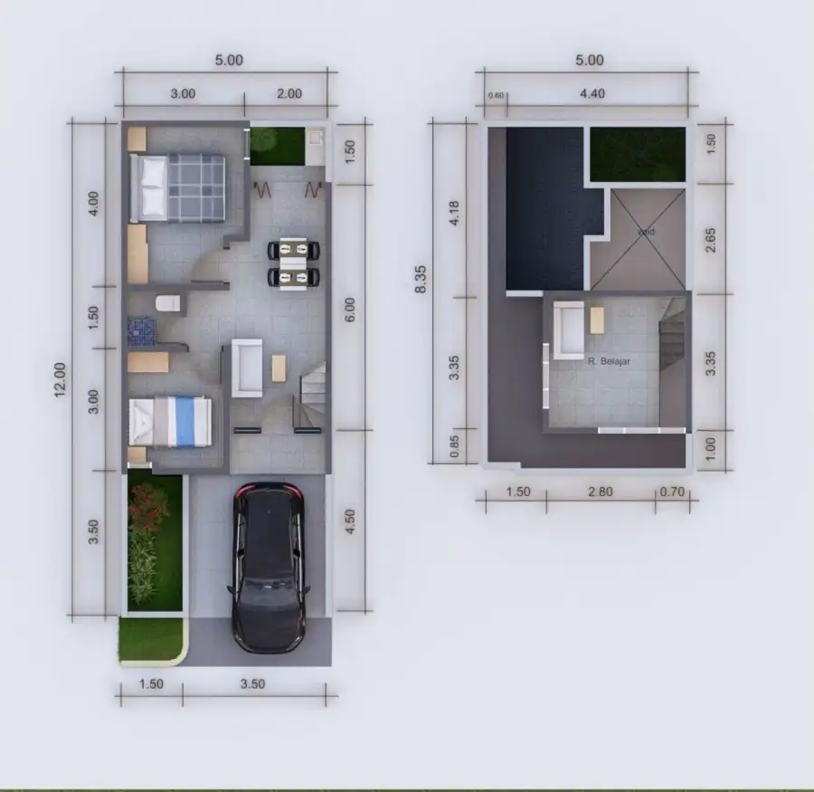 denah rumah tipe mezzanine 43/60 panorama sepatan 1