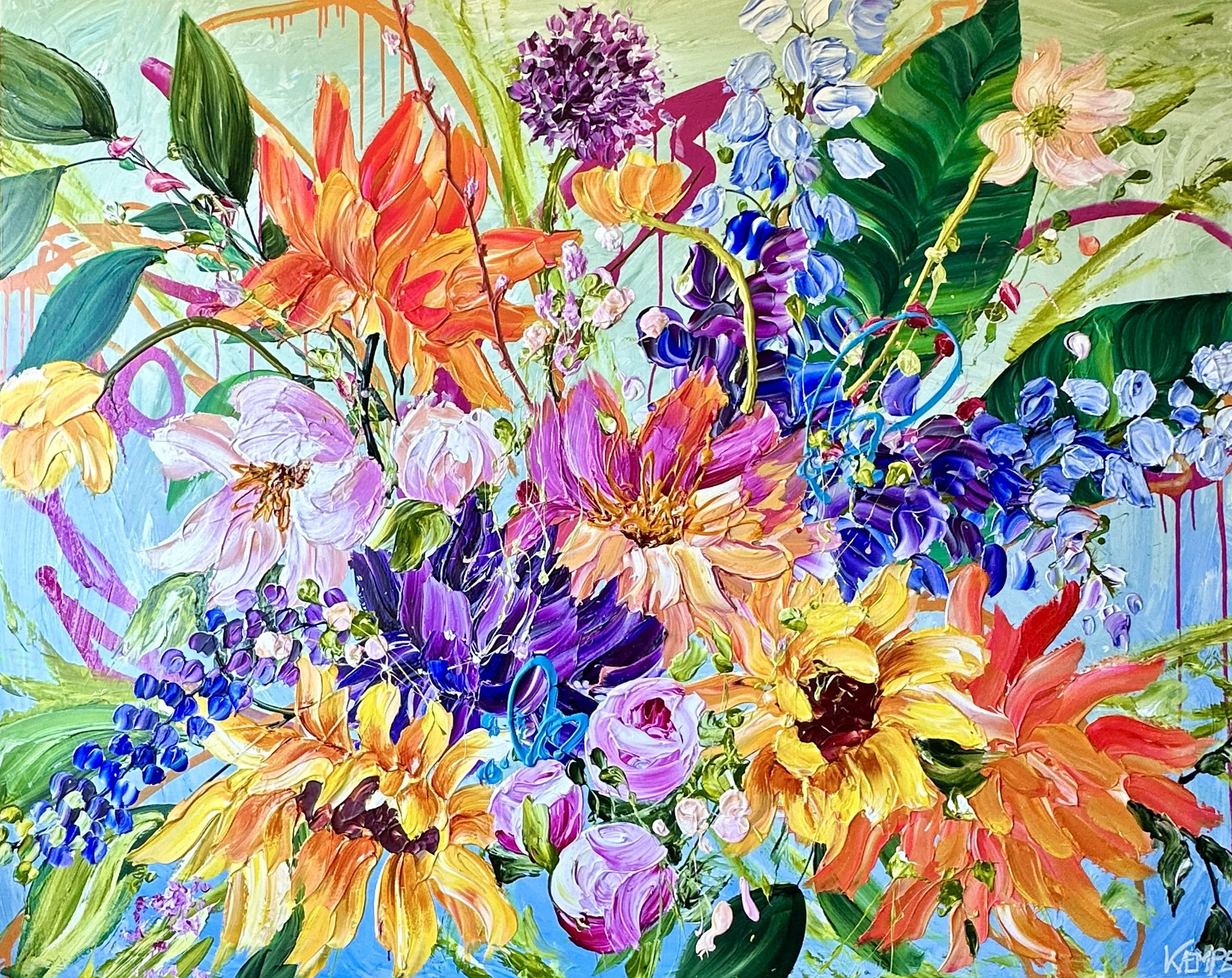 smukt vandret blomster billede i gule, orange og blå farver 