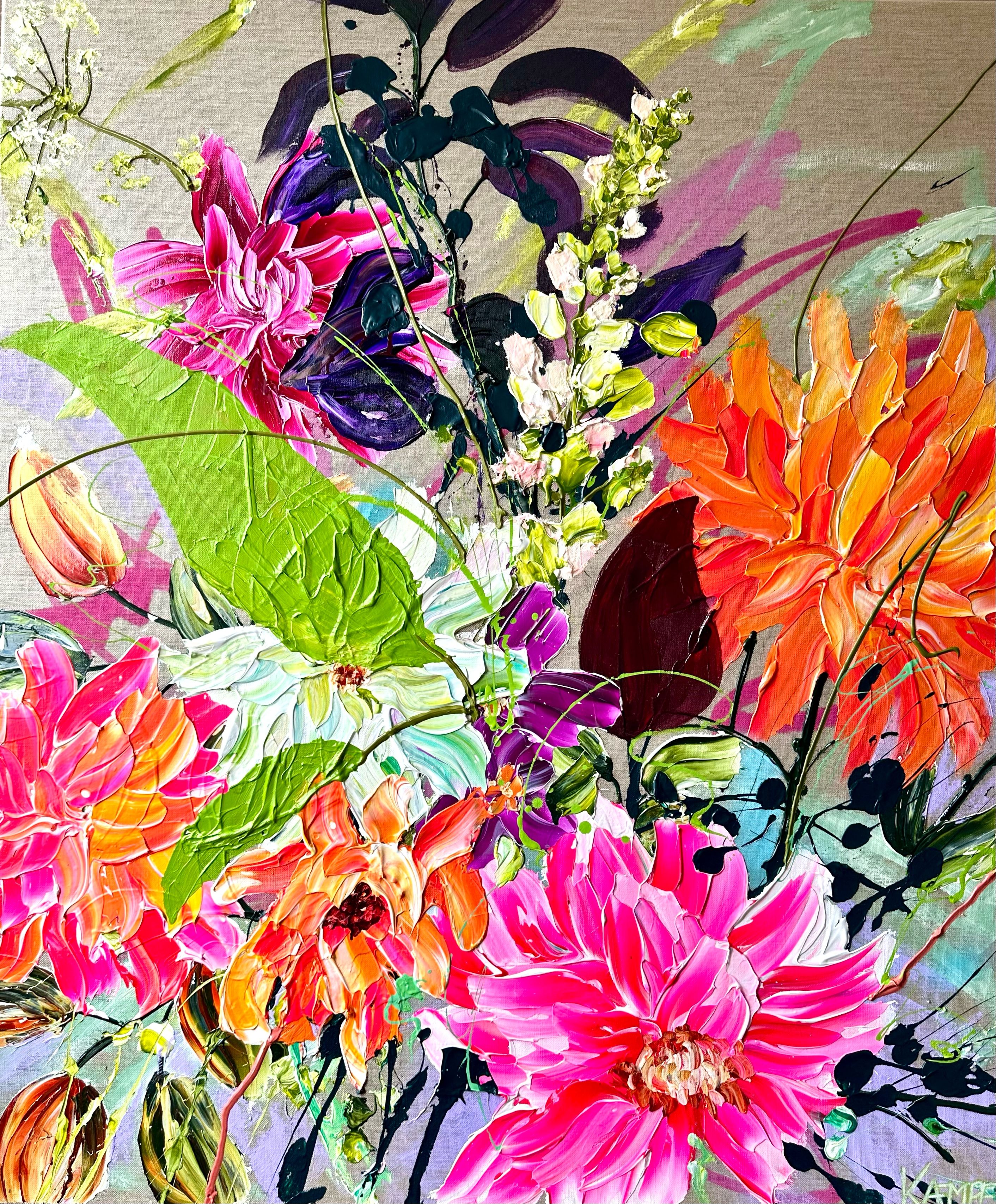 Smukt blomster billede i pink, orange og lilla farver 