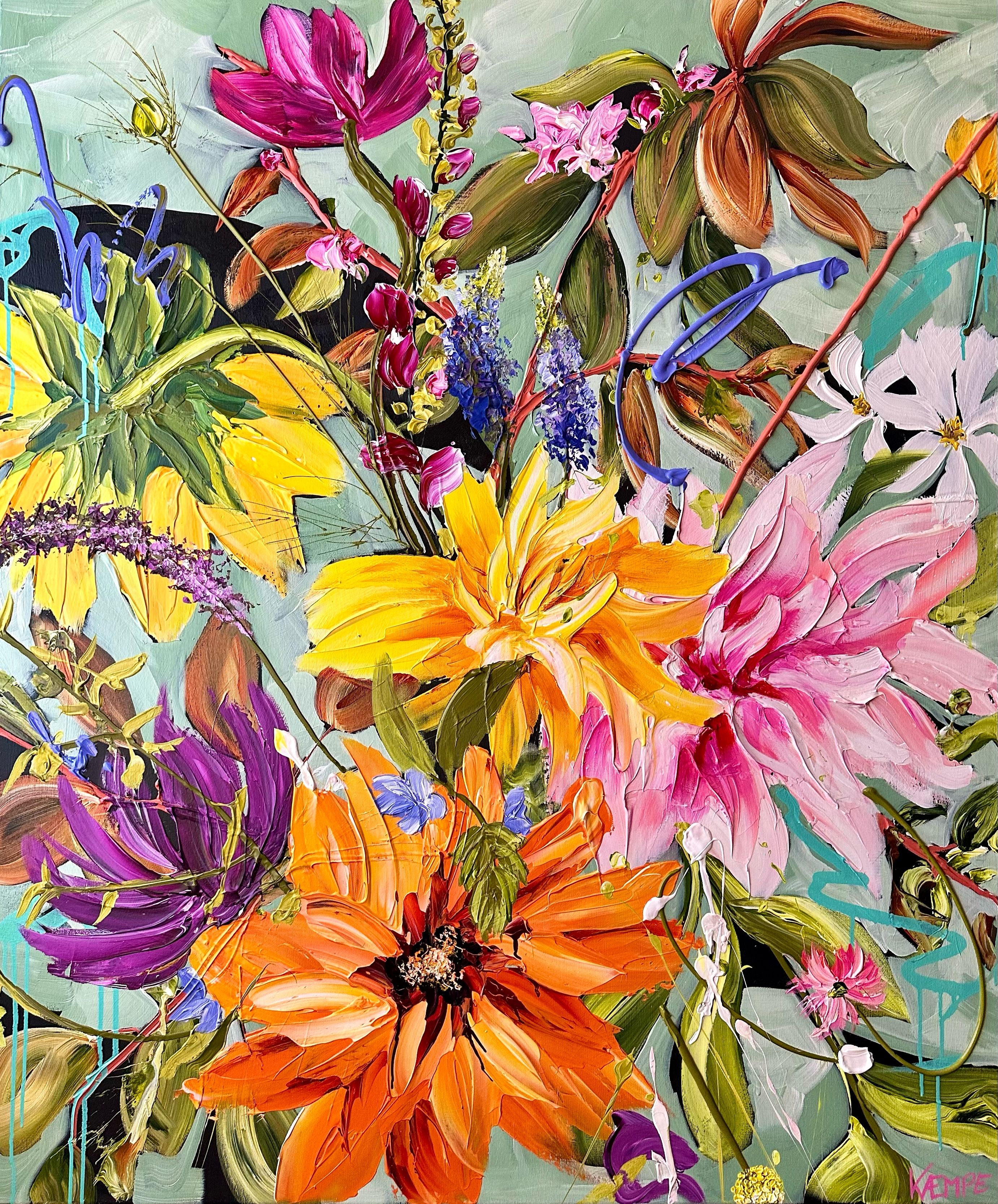 smukt blomster billede i orange, pink, lilla og gule farver 