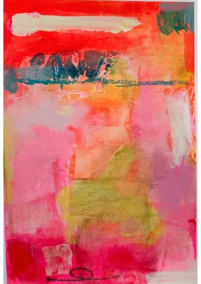 Schilderij in navy, roze en geel met het woord liefde