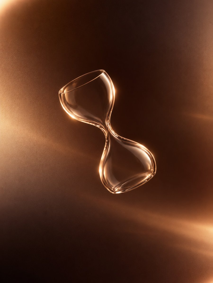 Un sablier de verre flottant dans une lumière cuivrée sur un fond brun foncé.