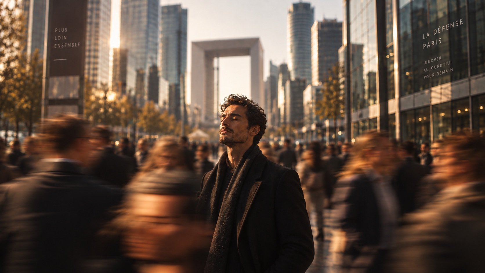 Un homme s’arrête, les yeux fermés, au milieu d’une foule floue à La Défense, à Paris, la Grande Arche derrière lui.