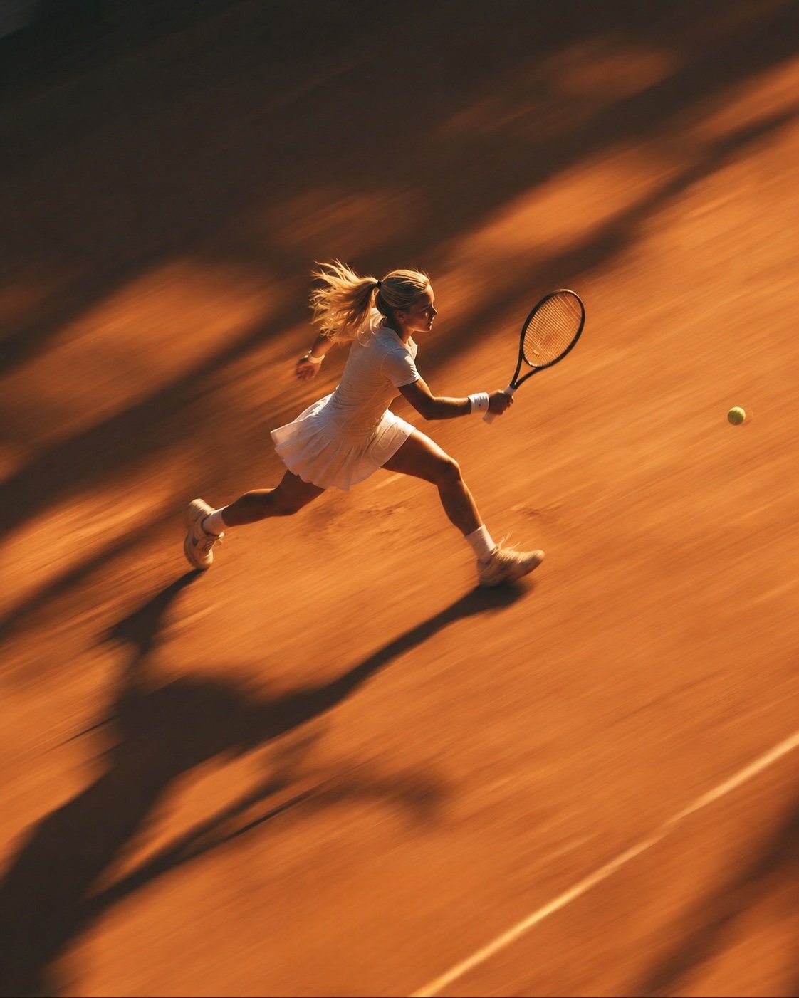 Un joueur de tennis sprinte sur la terre battue pour rattraper la balle.