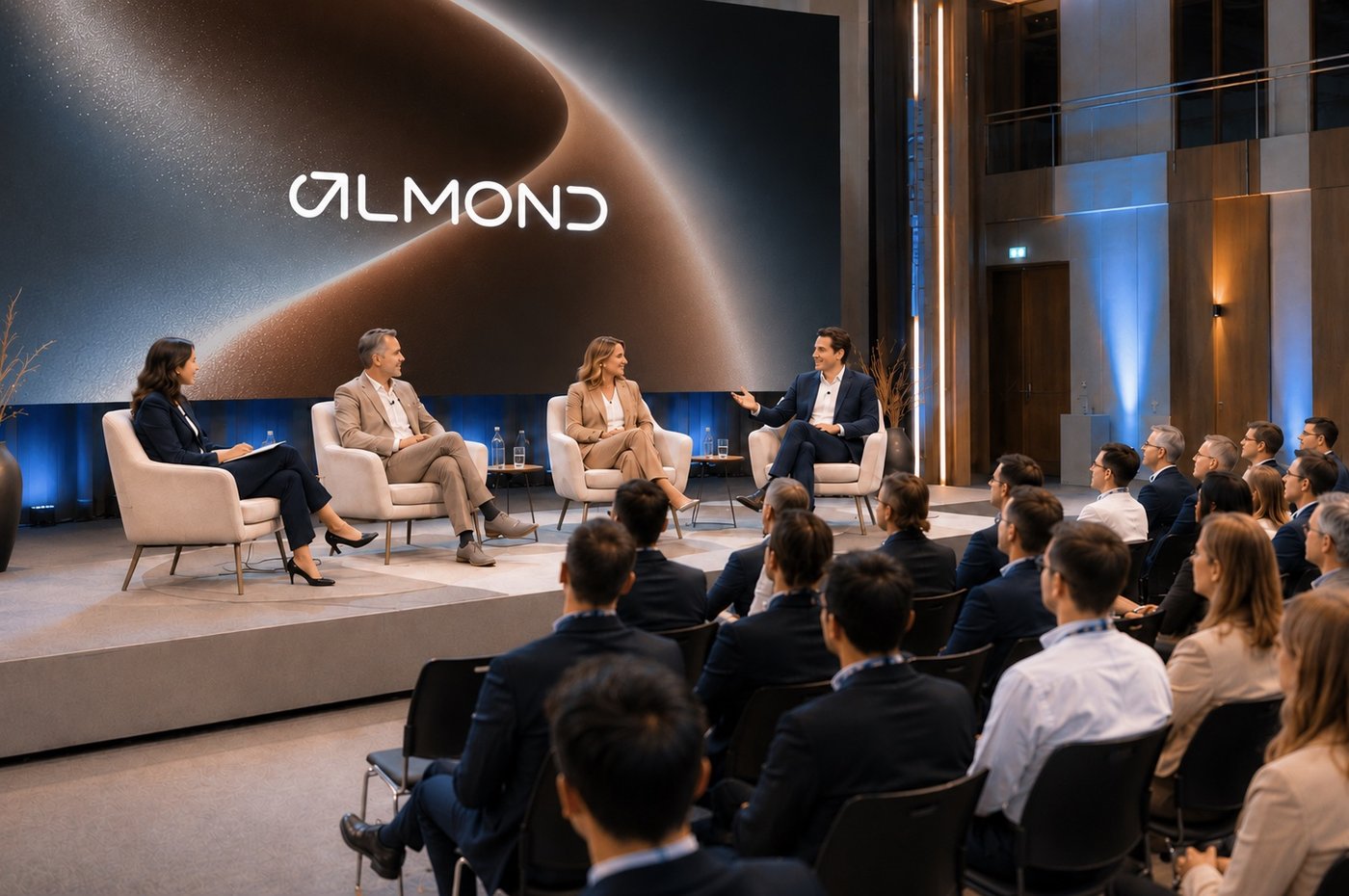 Quatre intervenants sur scène face au public, le logo Almond projeté derrière eux.