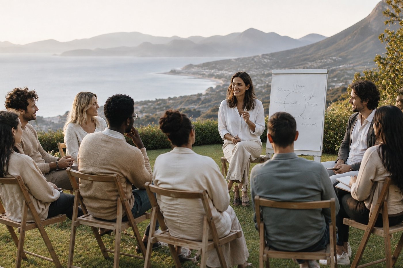 Un groupe assis en plein air face à la côte pendant un atelier animé, un paperboard à côté de l’animateur.