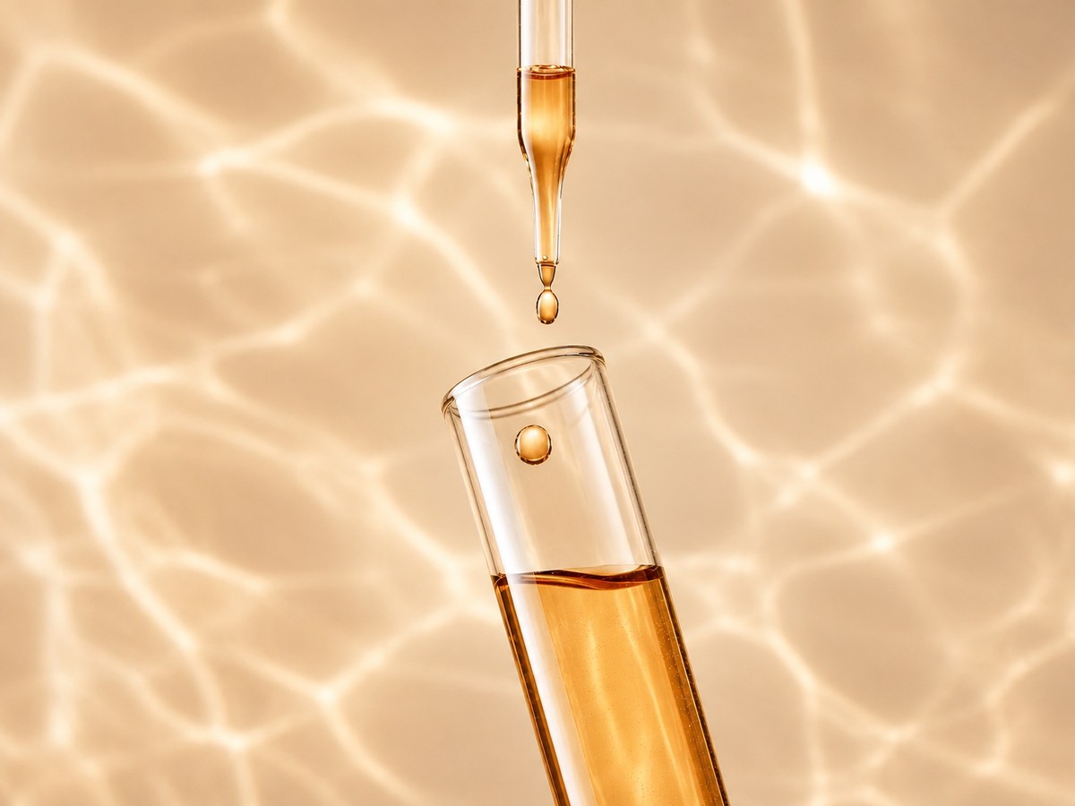 A dropper releasing an amber drop of oil into a glass test tube.