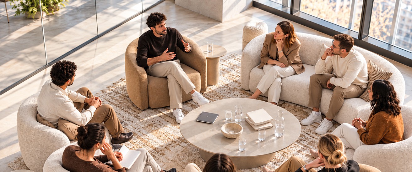 Aerial view of eight people seated in a circle around a table.