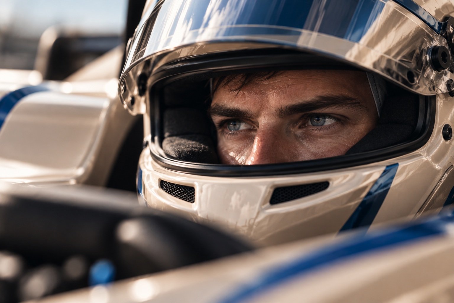Un pilote de course au casque blanc, le regard concentré, installé dans le cockpit.