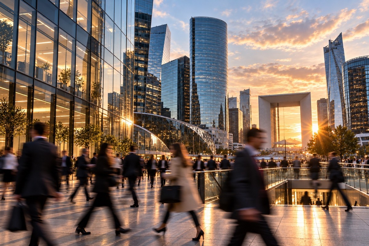 Office workers crossing a glass-fronted business district plaza at sunset.
