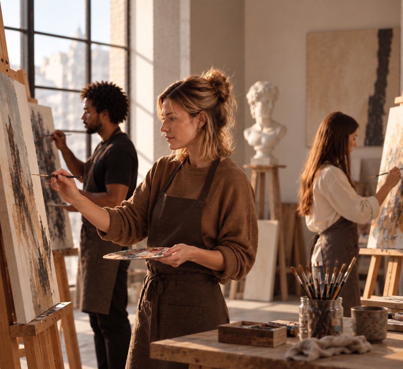 Des peintres au travail devant leurs chevalets dans un atelier baigné de soleil, un buste en plâtre à l’arrière-plan.