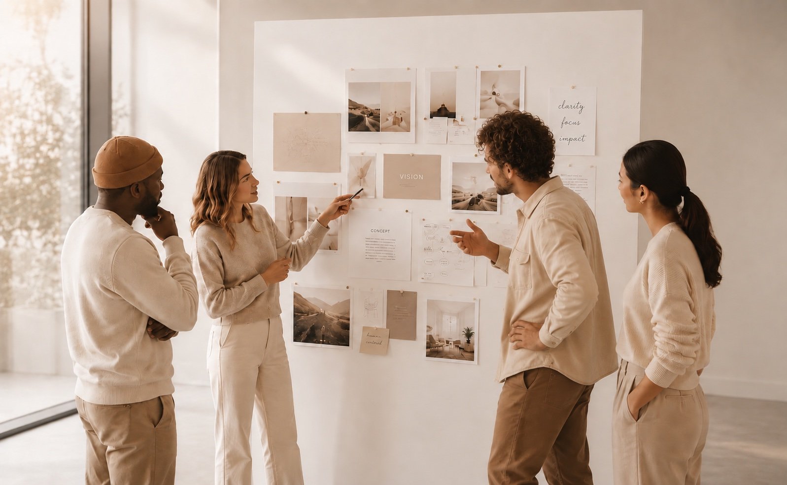 Quatre créatifs échangent devant un mood board de photos et de croquis épinglés au mur d’un atelier.