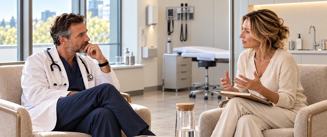 Clinician and patient in a consultation room.