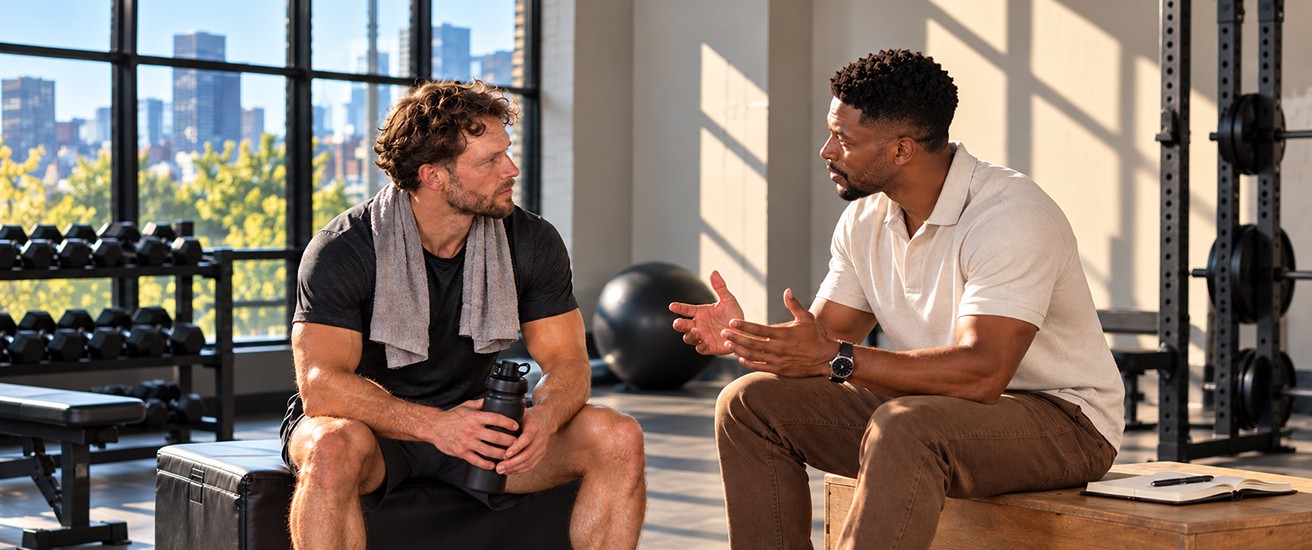 Two athletes talking on plyometric boxes in a gym.