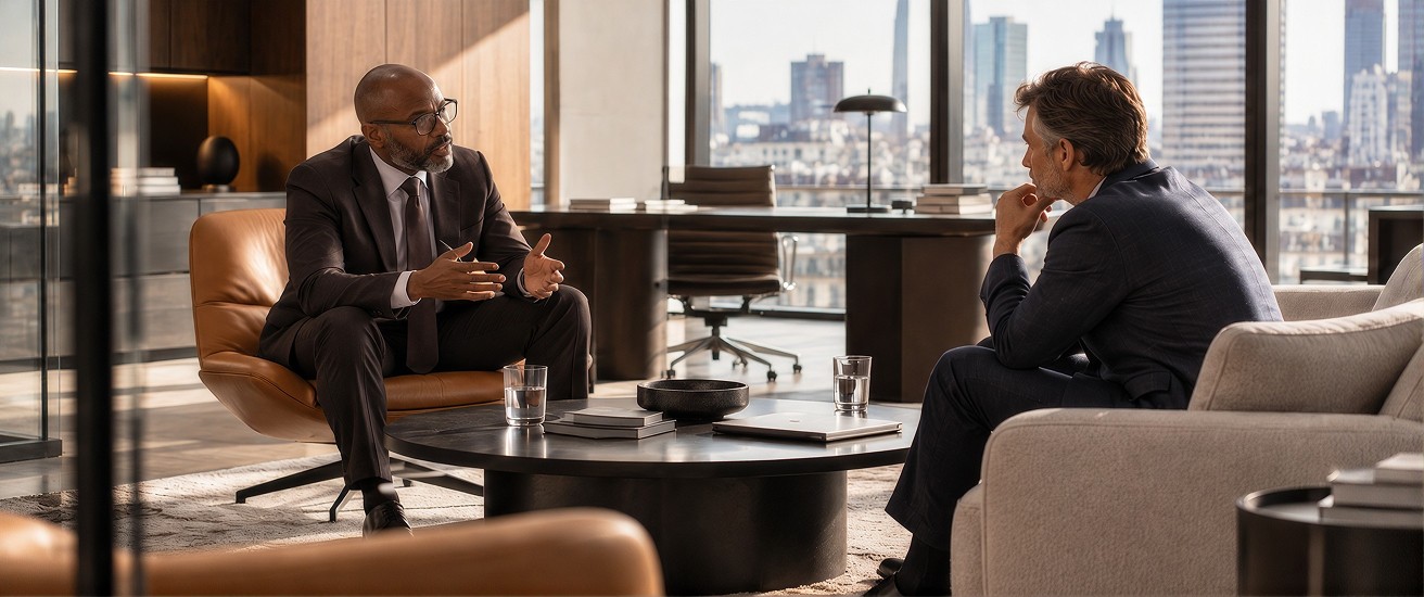 Two executives talking in an office.