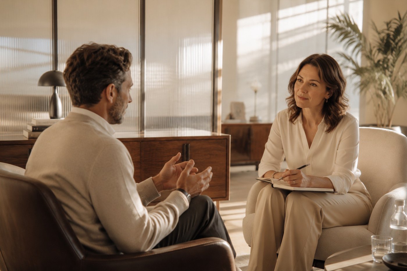 Un coach et son client en séance individuelle, installés dans des fauteuils près d’une fenêtre.