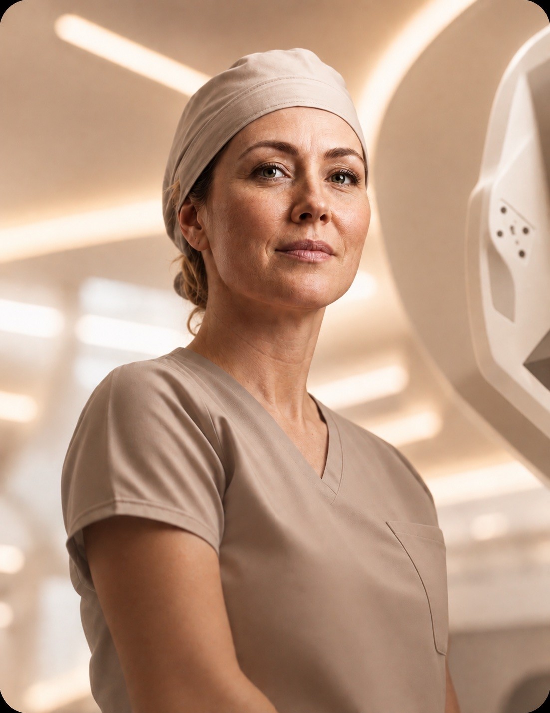 A clinician in scrubs and a surgical cap standing beside medical equipment.
