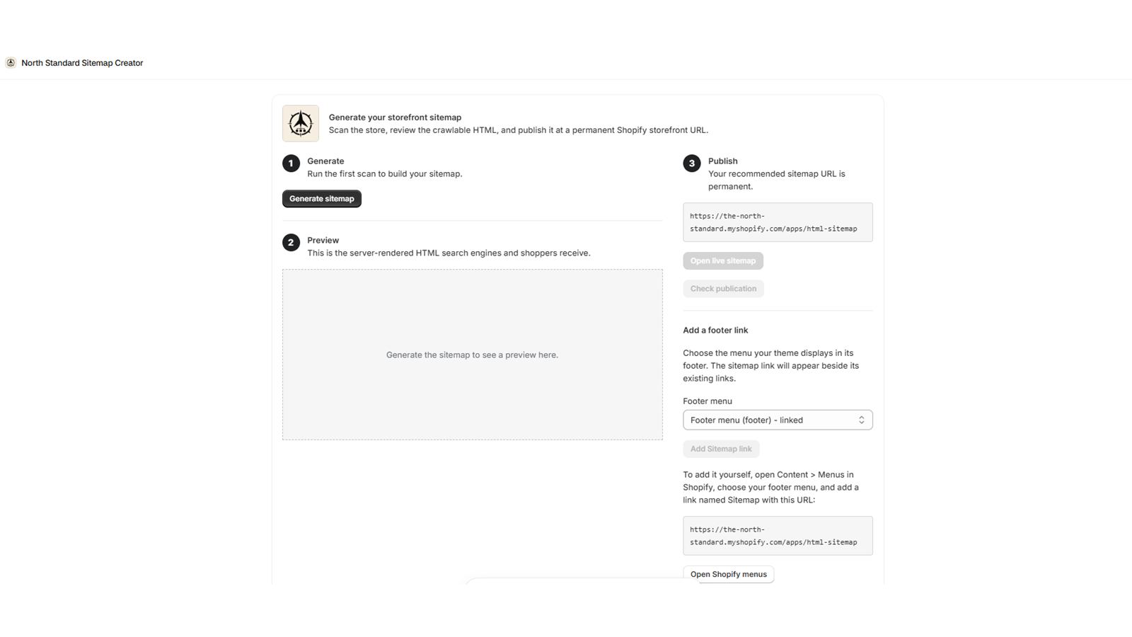 North Standard Sitemap Creator interface, from its published Shopify app listing