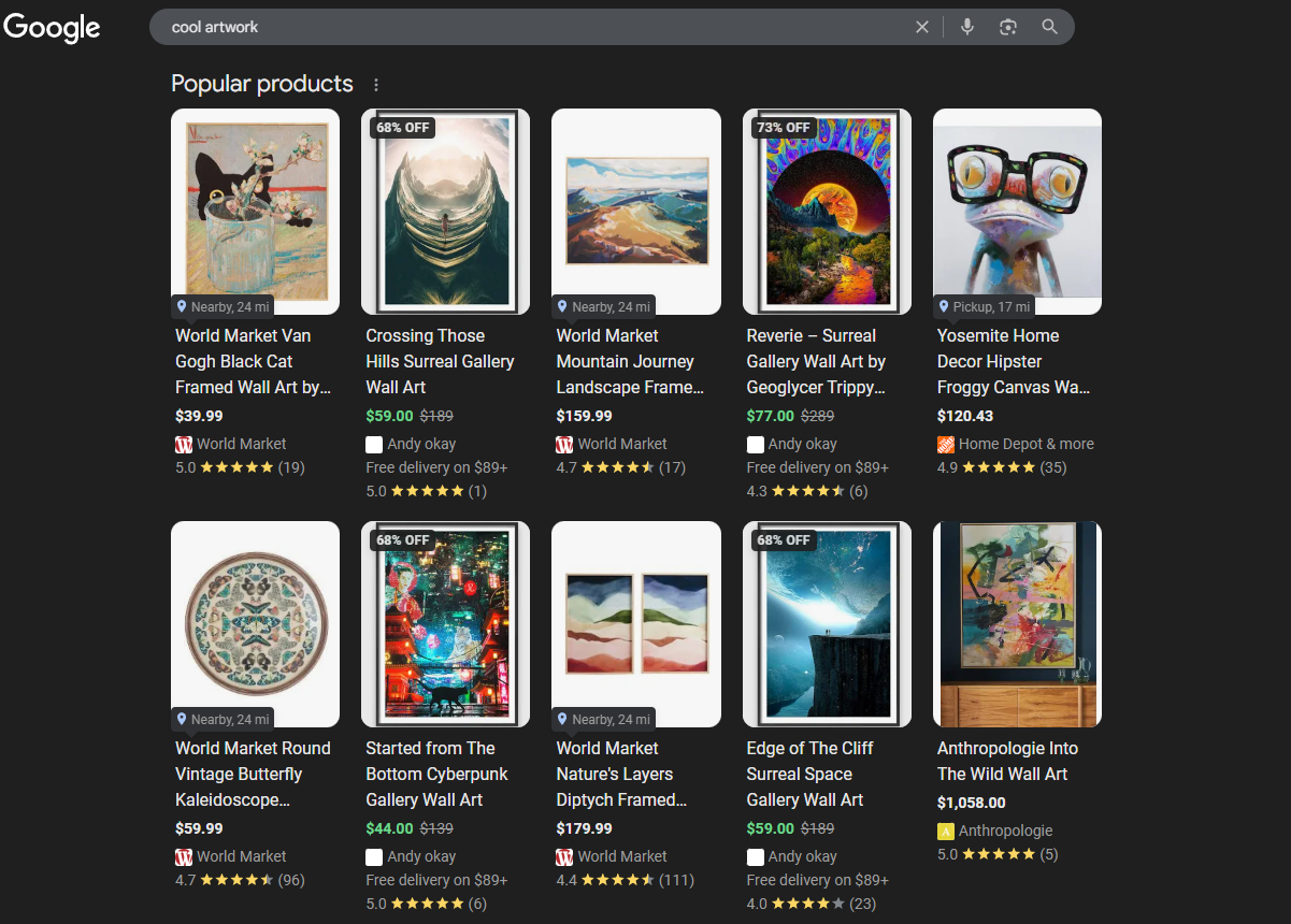 Google Search Engine Results Page for search query, "cool artwork" displaying the top 10 popular products. 