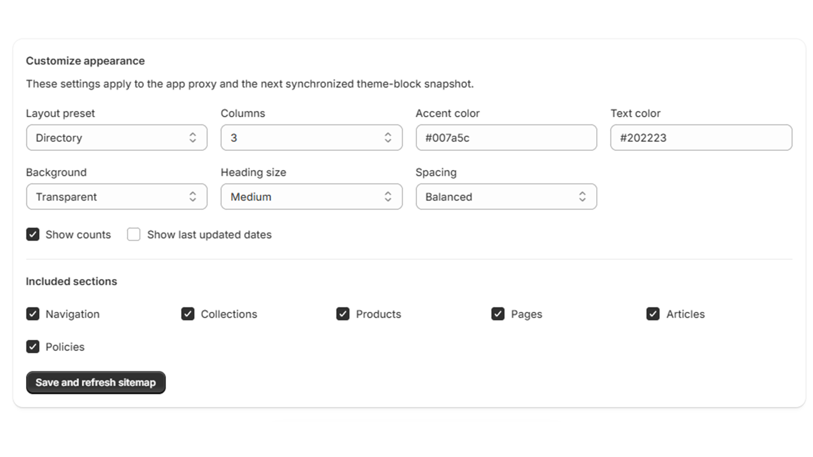 North Standard Sitemap Creator settings, from its published Shopify app listing