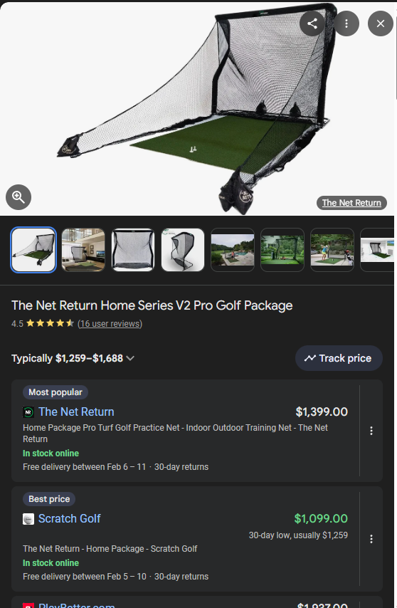 Google Merchant Center listing for a Net Return Home Series V2 Pro Golf Package. 