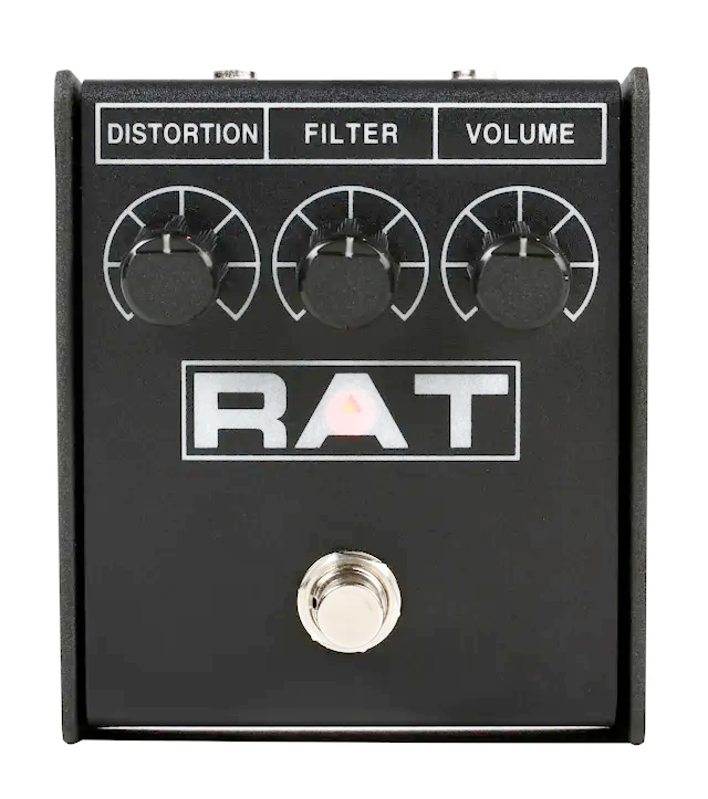 A Pro Co Rat 2 on a white background. One of the best cheap guitar pedals