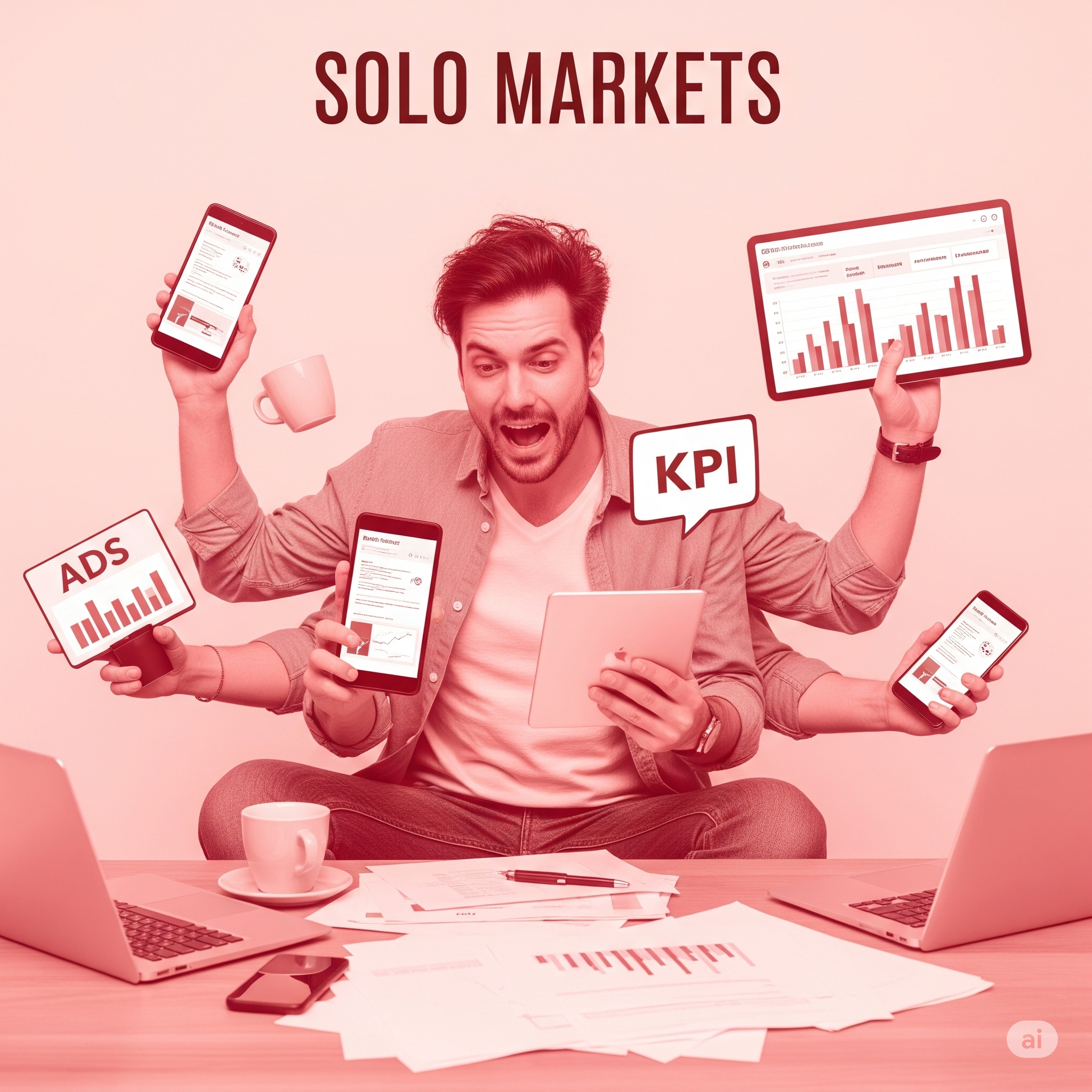 A solo marketer overwhelmed with tasks, juggling ads, content, and KPIs.