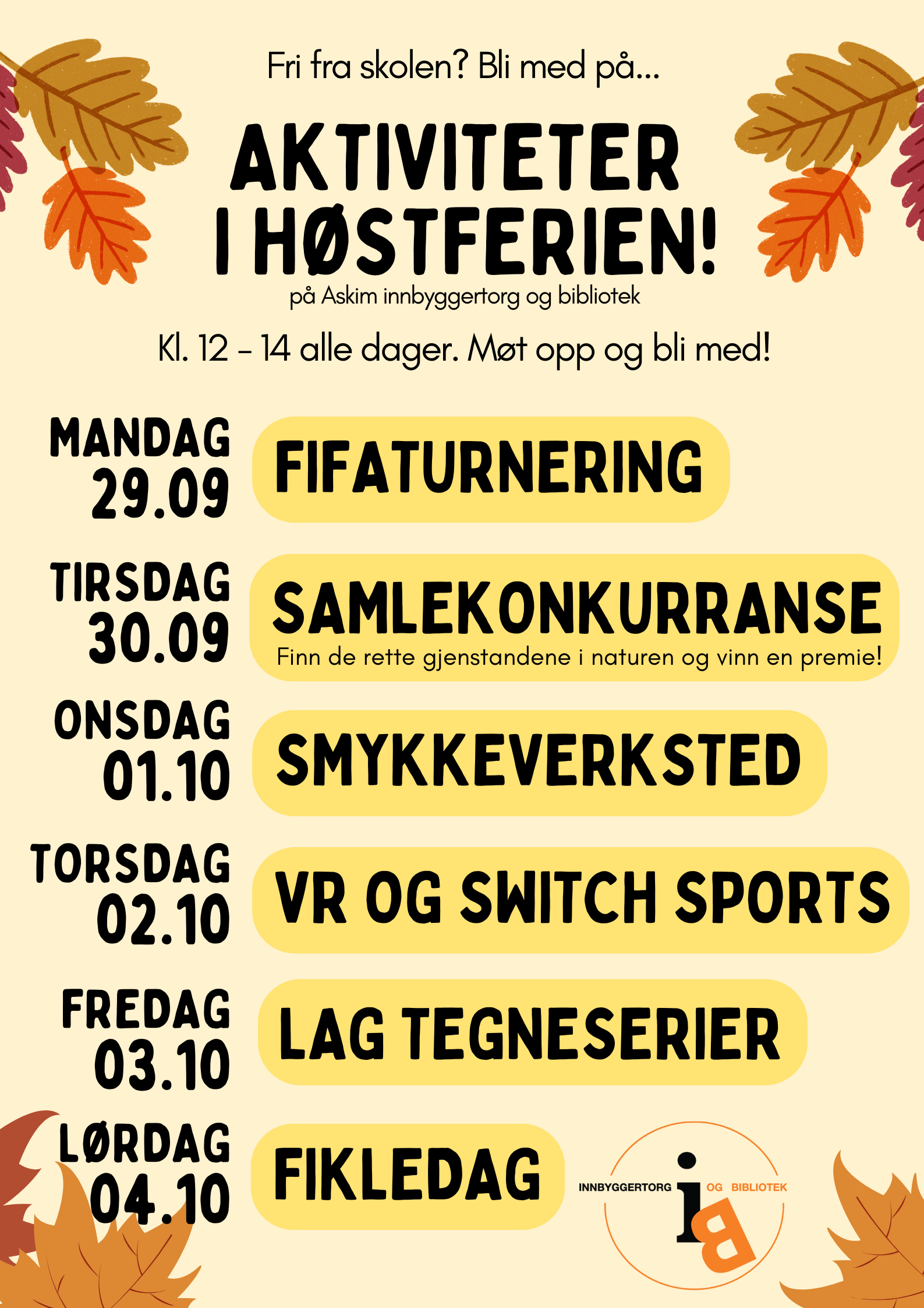 plakat oversikt over hva som skjer på biblioteket i Askim