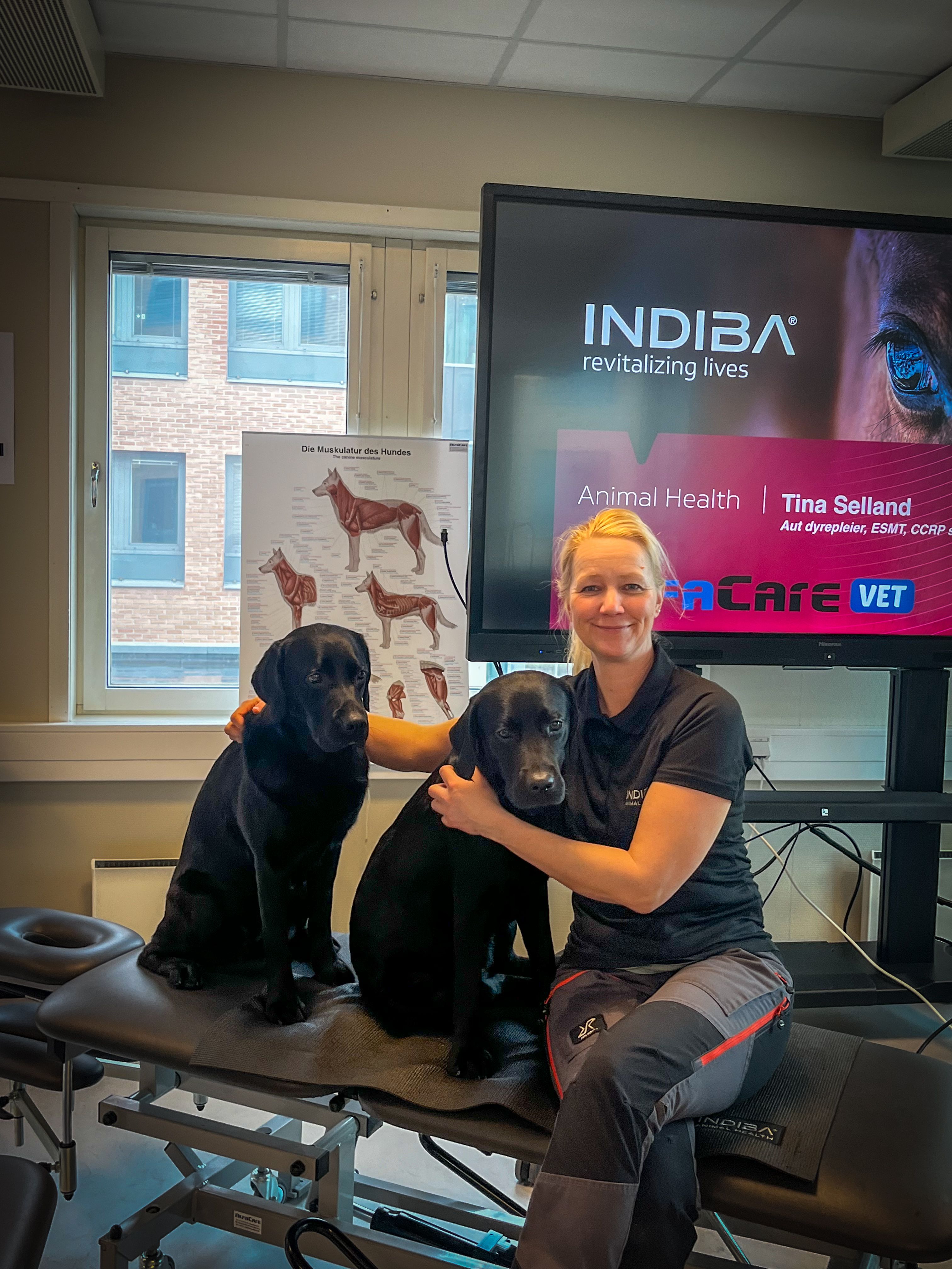 En dame med to svarte hunder