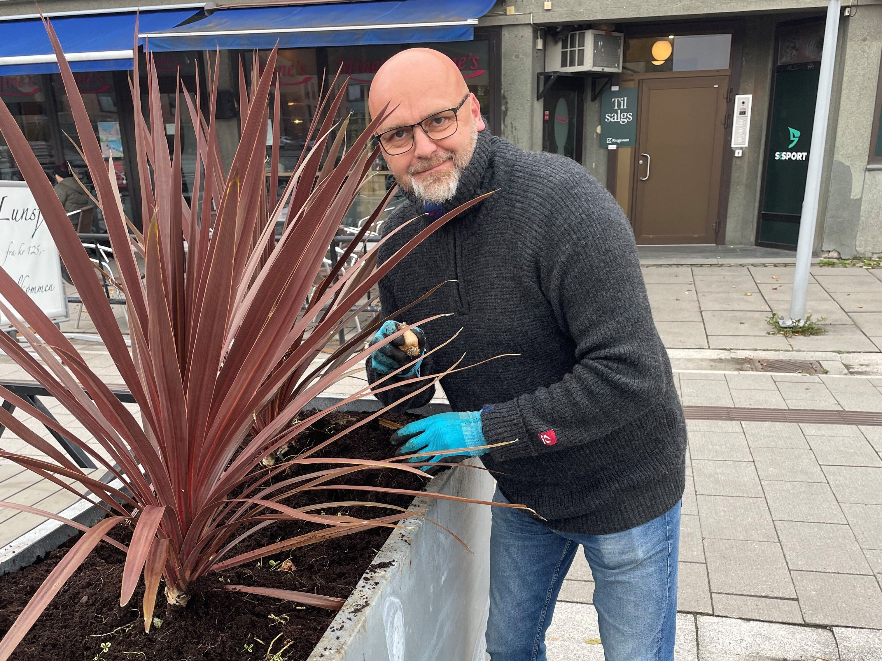 mann som planter lΓΈk i gΓ₯gata