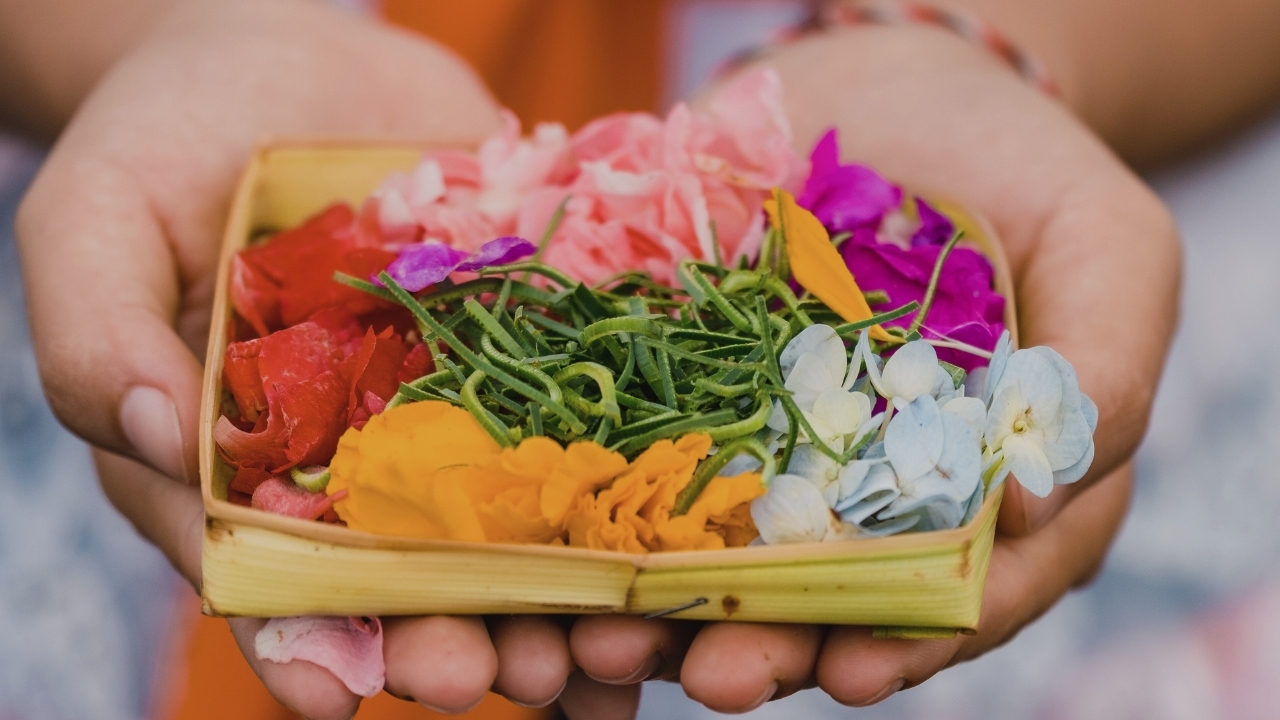 Picture of offering plate, baskets of flowers, rice, and incense called canang sari